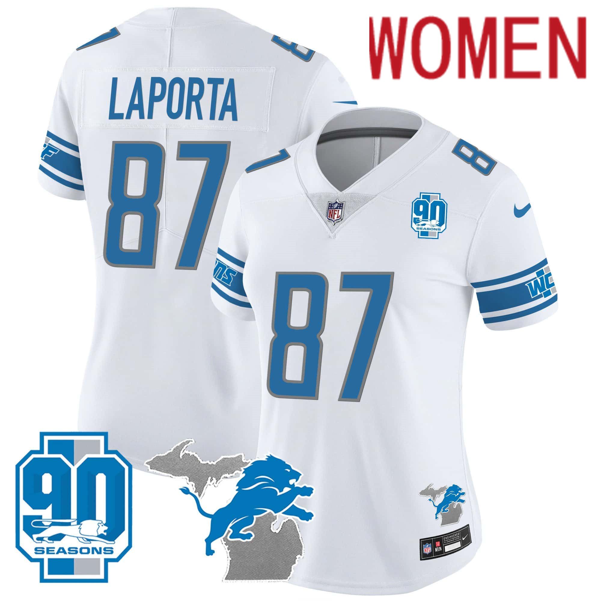 Women Detroit Lions #87 Laporta White 2024 Nike 90th Year Michigan Patch Vapor NFL Jersey